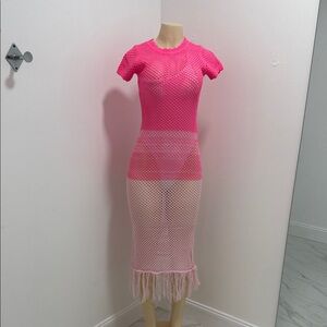 Ombre Pink Mesh Knit Crochet Midi Dress
